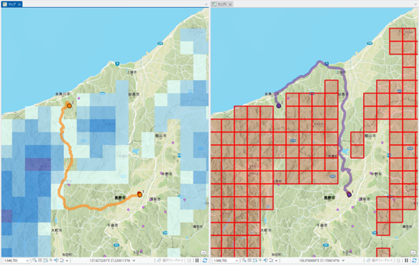 バリア指定による解析積雪深の多いルートの回避例（左：通常ルート、右：回避ルート）
