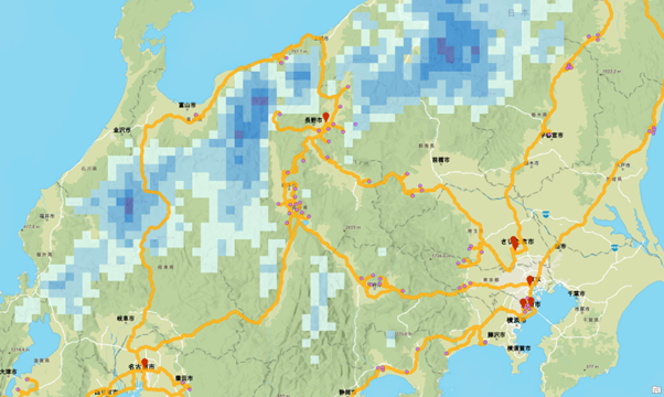 運行ルート計画と解析積雪深を重ねた例