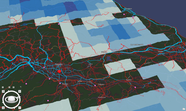 拠点周辺の道路通行実績と解析積雪深を重ねた例